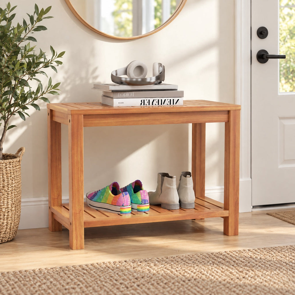 Airfind 24 Inch Teak Wood Shower Bench Inside Shower Stool with Storage Shelf, Teak Wood 19 Inches Frame, 19 x 12.5 x 17.5 Footprint, Wood