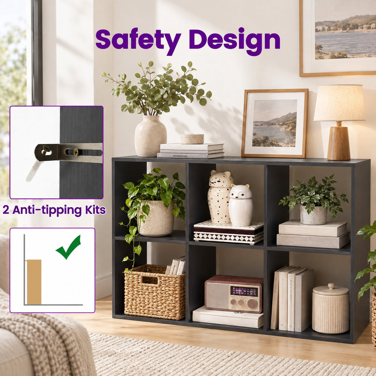 Airfind 6 Cube Bookshelf with Back Guardrail for Living Room Bedroom, 154 lbs Capacity, Engineered Wood Frame, 41 Inch x 13 Inch x 27.5 Inch Footprint, Black