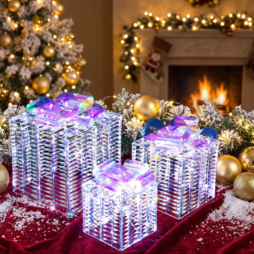 Airfind Iridescent Christmas Gift Box, Set of 3 Christmas Gift Box with Bows, PVC Metal Large, 13 Inch x 13 Inch x 13 Inch (L x W x H) Medium, Iridescent