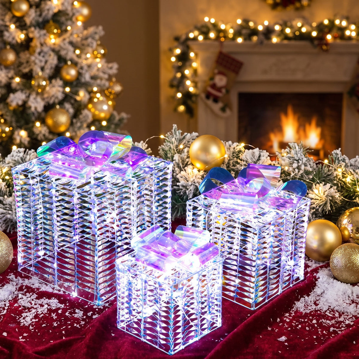 Airfind Iridescent Christmas Gift Box, Set of 3 Christmas Gift Box with Bows, PVC Metal Large, 13 Inch x 13 Inch x 13 Inch (L x W x H) Medium, Iridescent