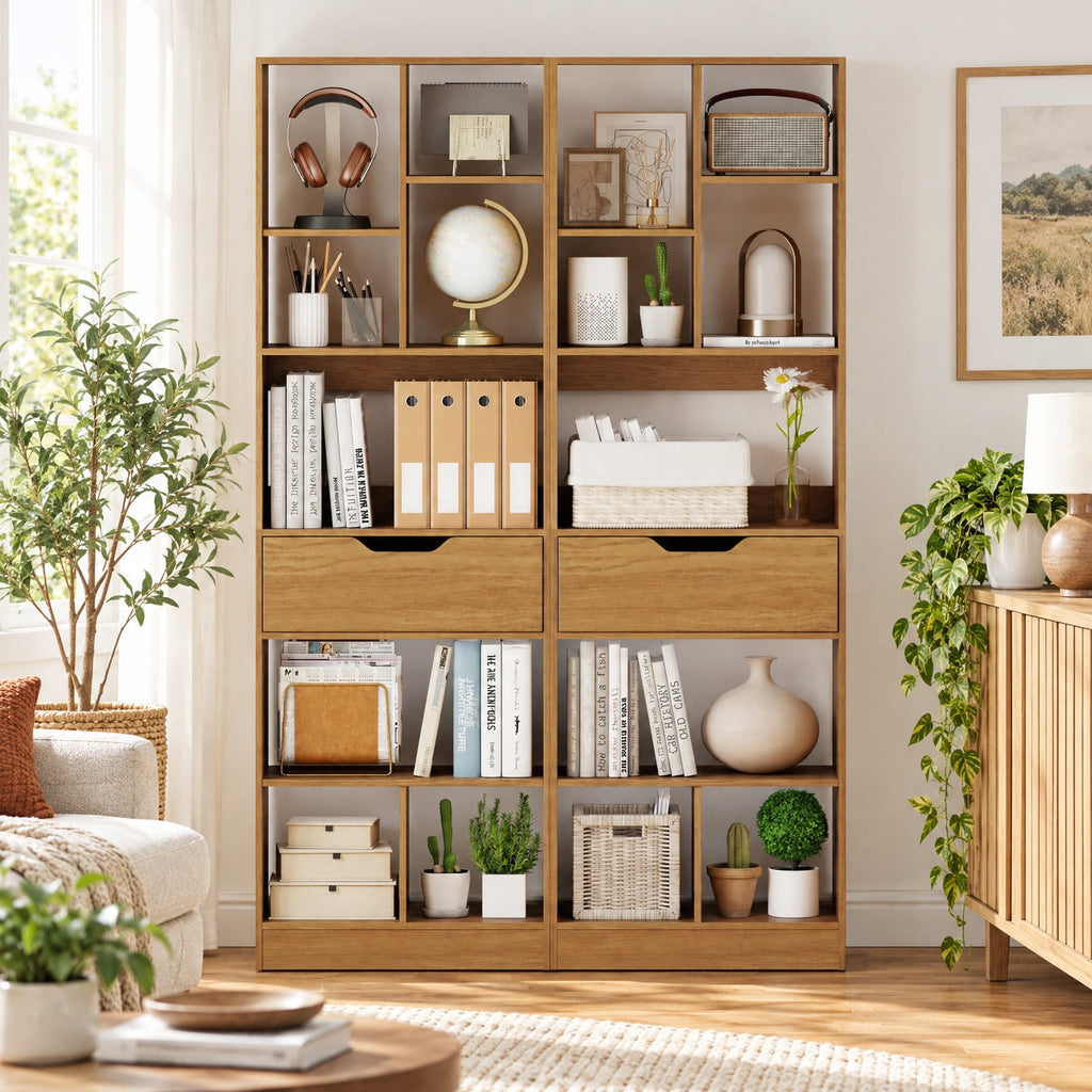Airfind 61inch Tall Freestanding Bookcase with Drawer 8-Cube Storage Organizer, 187 lbs Capacity, Engineered Wood MDF Frame, Natural