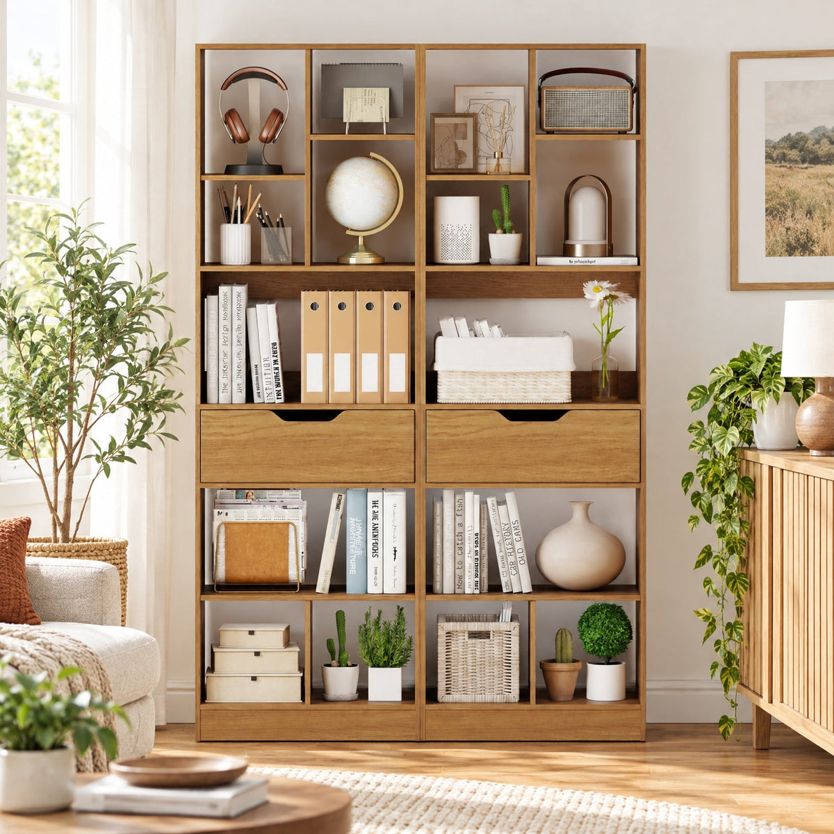 Airfind 61inch Tall Freestanding Bookcase with Drawer 8-Cube Storage Organizer, 187 lbs Capacity, Engineered Wood MDF Frame, Natural