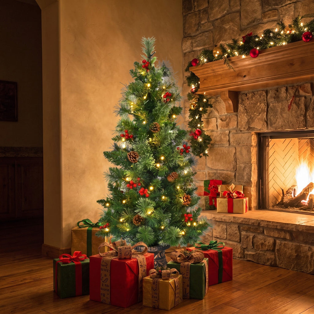 Airfind LED Christmas Tree with Red Berries Pine Cones-3, PVC Metal Cement Tree Height 3 ft 4 ft 5 ft Tree Width 15 22 26 Frame, Red