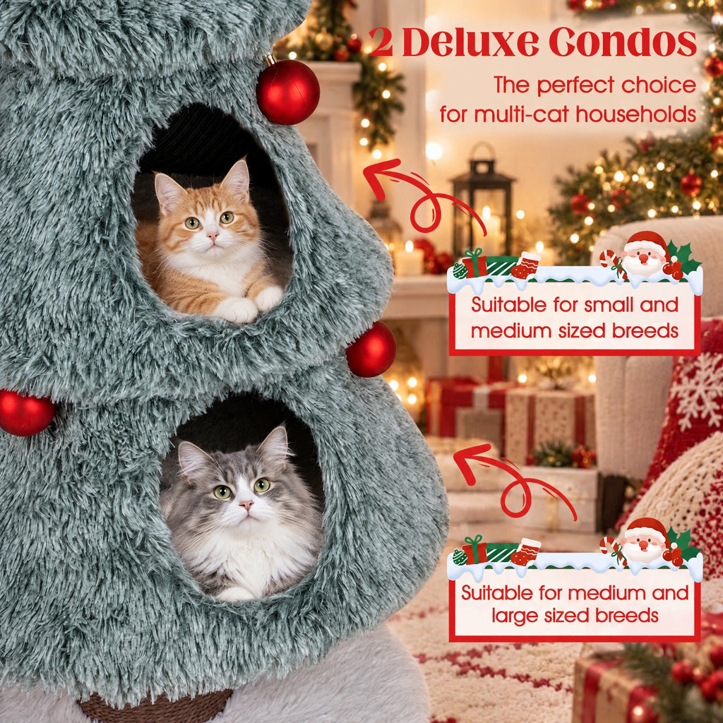 Airfind Christmas Cat Tree for Indoor Cats 48.5 inch Cute Cat Tower with 2 Large Condos Scratching Post, Engineered Wood Jute Rope Plush Frame