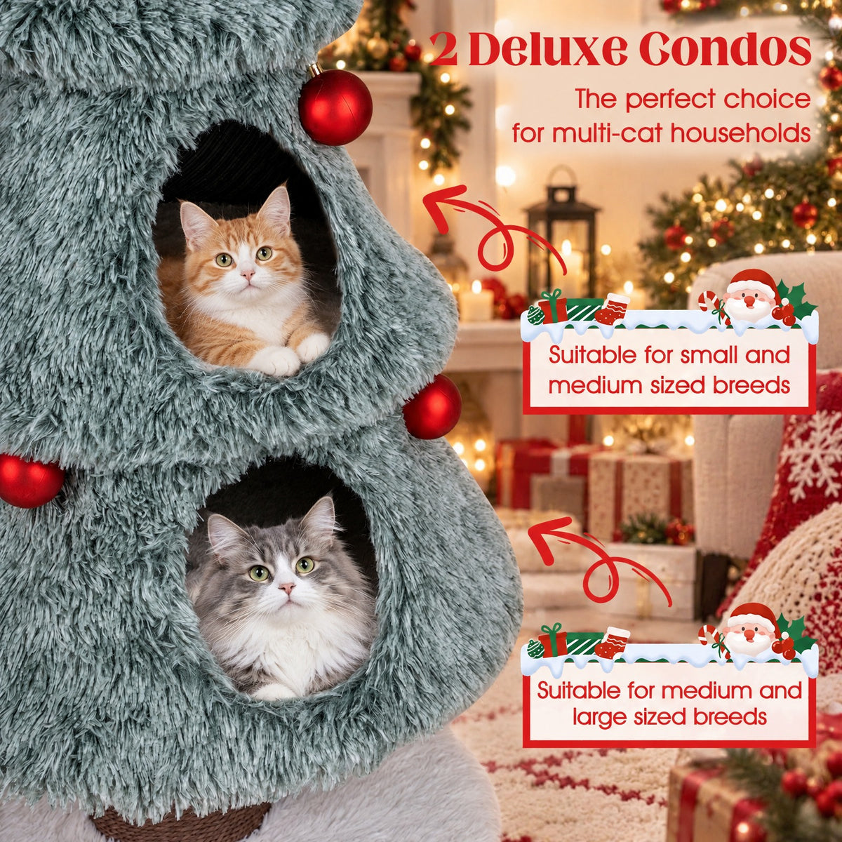 Airfind Christmas Cat Tree for Indoor Cats 48.5 inch Cute Cat Tower with 2 Large Condos Scratching Post, Engineered Wood Jute Rope Plush Frame
