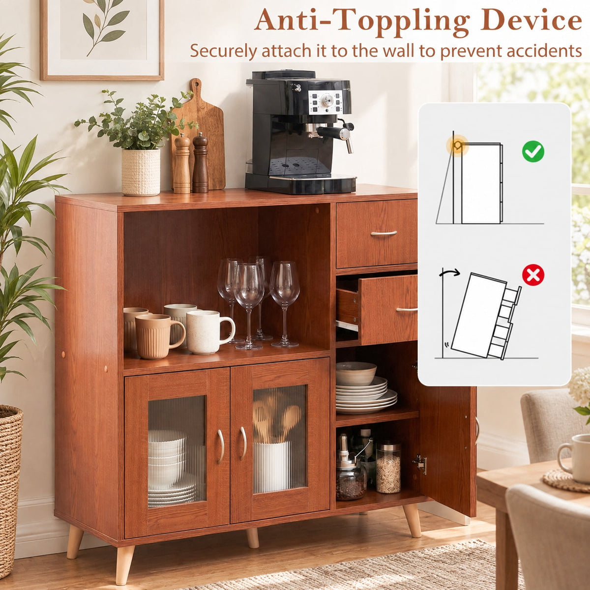 Airfind 36 Inch Sideboard Buffet Cabinet with Open Compartment, 125 lbs Capacity, Engineered Wood PC Frame, 36in × 16in × 35.5in Footprint, Brown