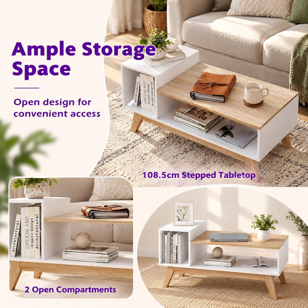 Airfind 43 Inch Coffee Table with Stepped Tabletop and Storage Compartments, 100 lbs Capacity, Engineered Wood MDF Frame, White