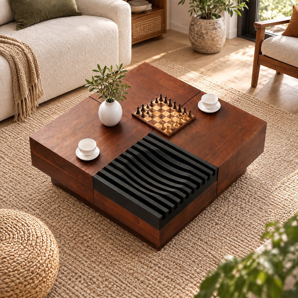 Airfind 32 Square Color-blocking Design Coffee Table with Storage Tray for Living Room, 165 lbs Capacity, Engineered Wood Frame, Walnut