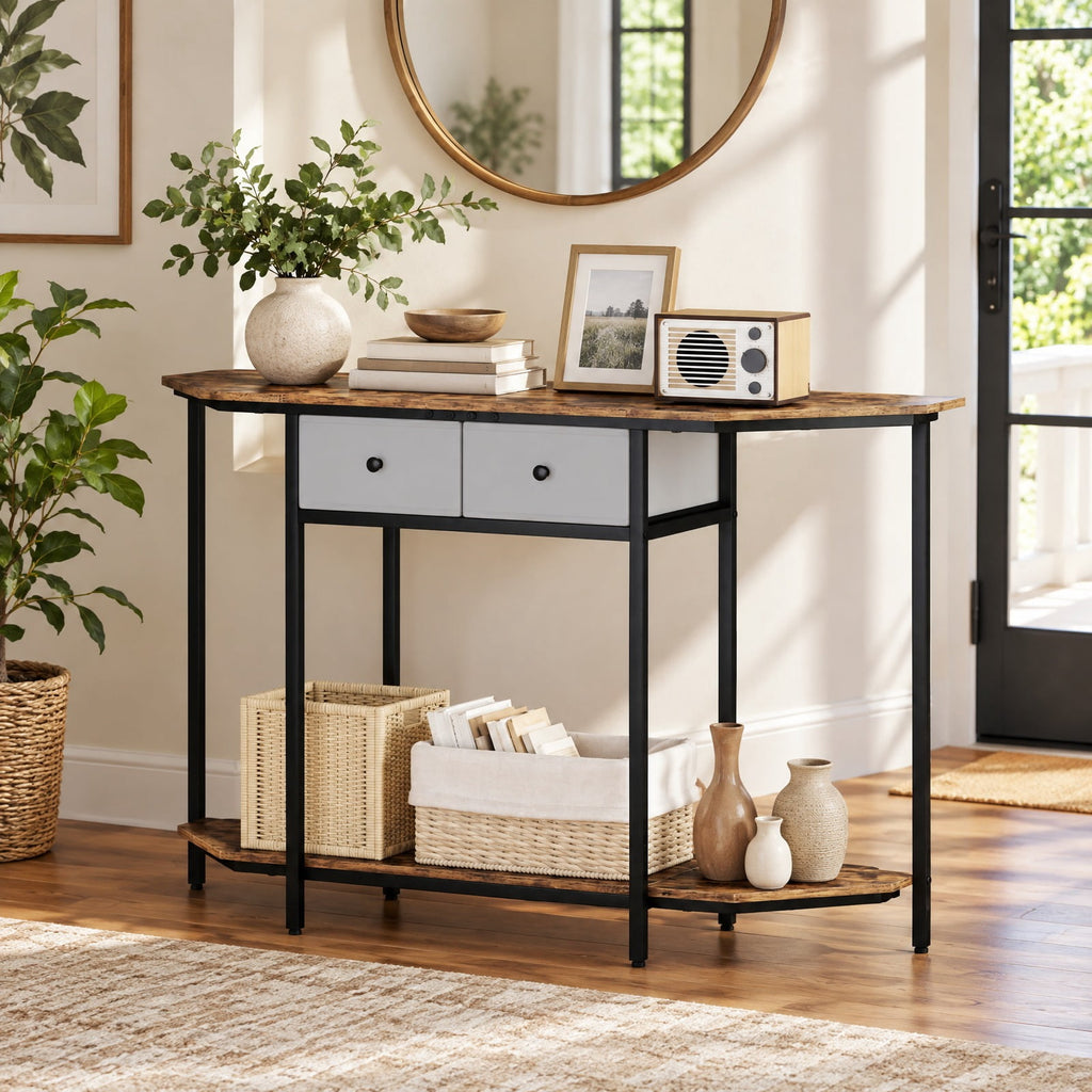 Airfind Console Table with 2 Drawers and Open Storage Shelf, 110 lbs Capacity, Engineered Wood Metal Non-Woven Fabric Frame, Brown