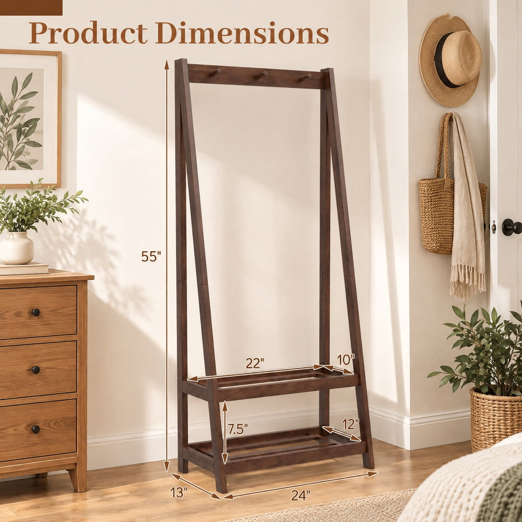 Airfind Freestanding Clothes Rack with 3 Hooks and 2 Shelves, 33 lbs Capacity, Rubber Wood Frame, 13 x 24 x 55 Footprint, Walnut