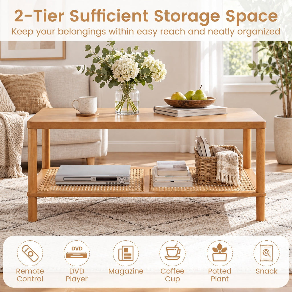 Airfind 2-Tier Boho Coffee Table for Living Room Rectangular Center Table with Rubber Wood Frame and PVC Rattan Storage Shelf, 185 lbs Capacity