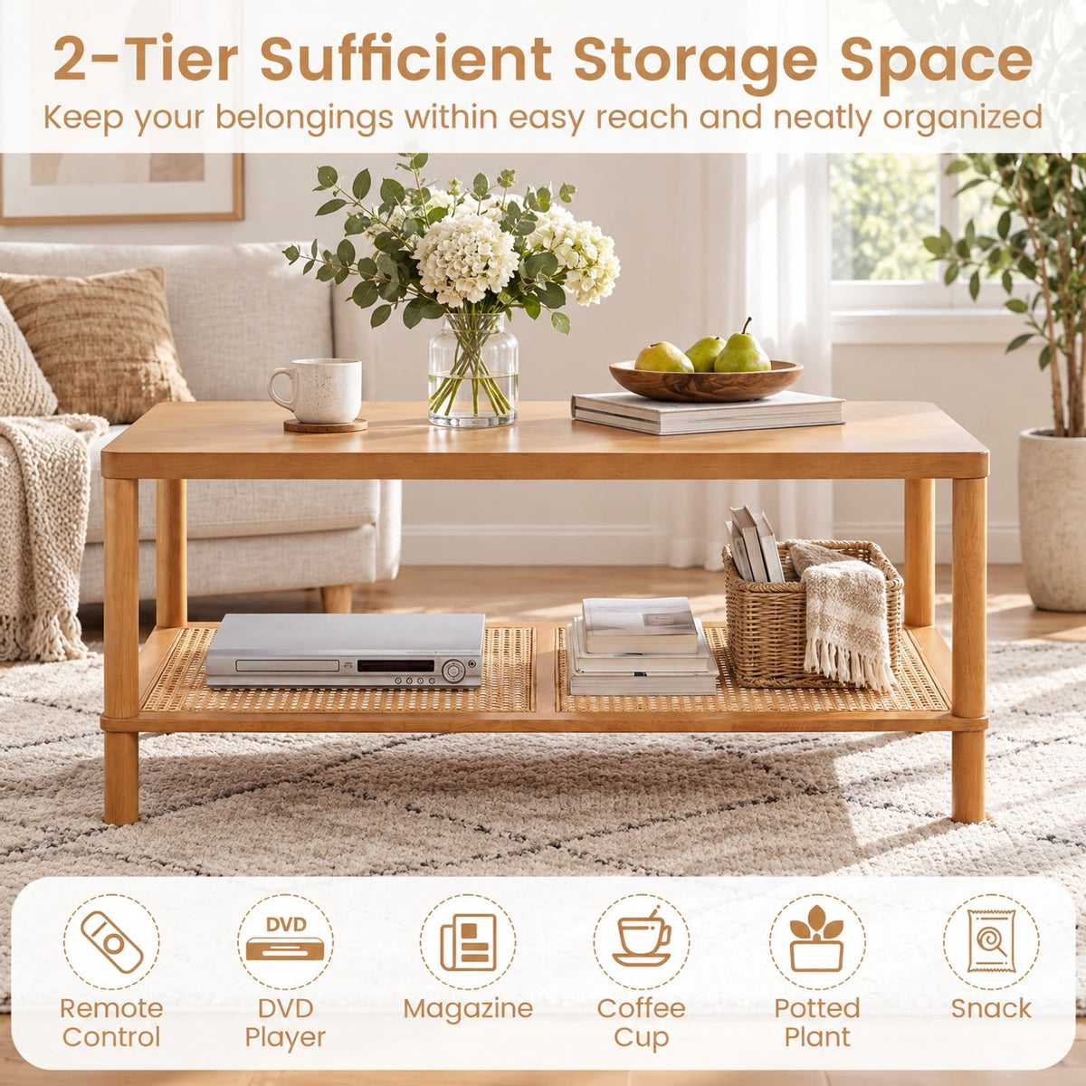Airfind 2-Tier Boho Coffee Table for Living Room Rectangular Center Table with Rubber Wood Frame and PVC Rattan Storage Shelf, 185 lbs Capacity