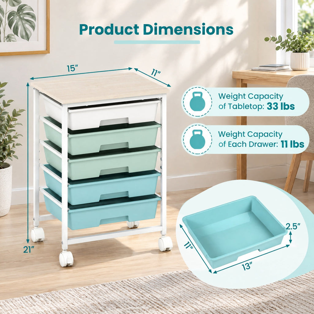 Airfind 5-Drawer Rolling Cart with Wooden Tabletop and Metal for Craft Room, 33 lbs Capacity, Metal PP Engineered Wood, Green