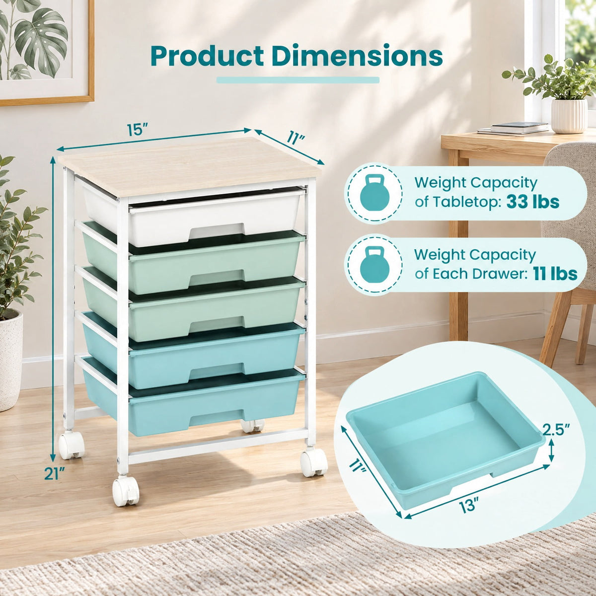Airfind 5-Drawer Rolling Cart with Wooden Tabletop and Metal for Craft Room, 33 lbs Capacity, Metal PP Engineered Wood, Green