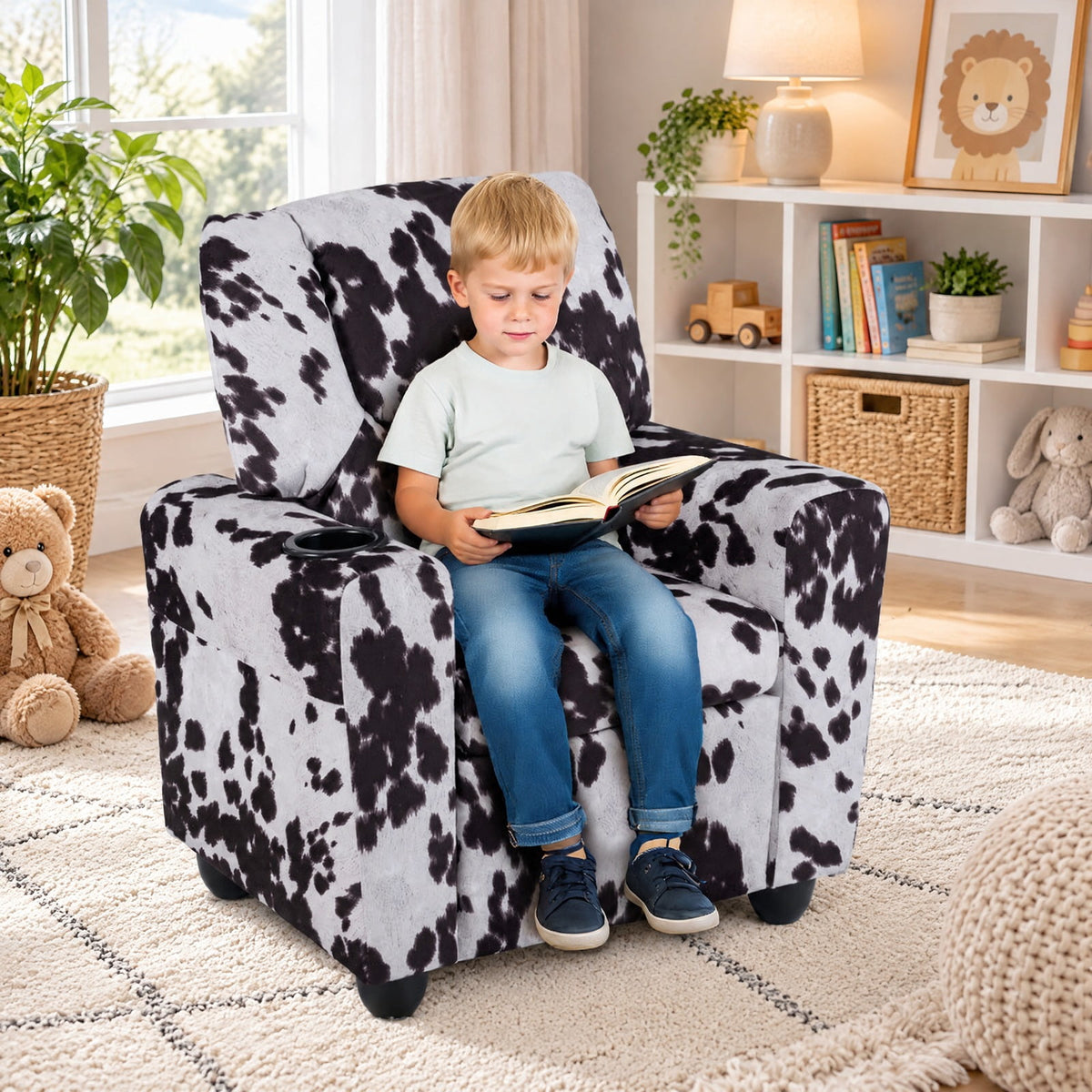 Airfind Kids Recliner Chair Push Back Toddler Reclining Armchair with Cup Holder, 150 lbs Capacity, Wood Frame, for 3+ years old, White