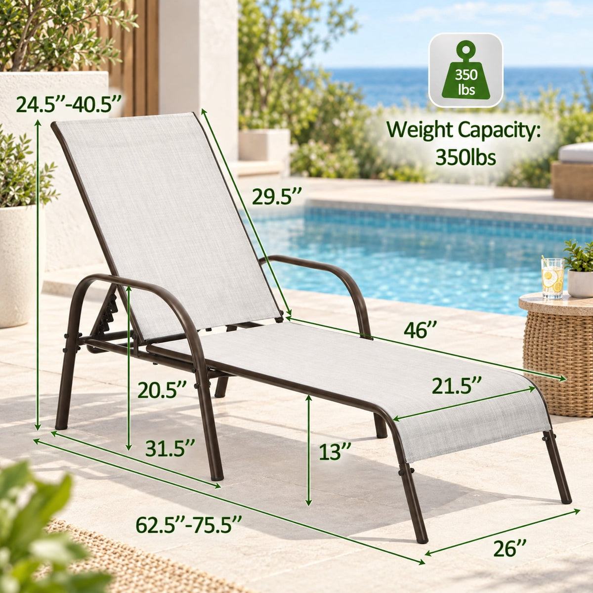 Airfind 2 Pcs Outdoor Patio Lounge Chair Chaise Fabric with Adjustable Reclining Armrest, Fabric Steel Horizontal Frame, Gray