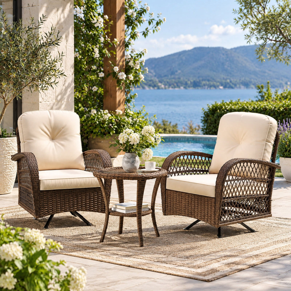 Airfind 3 Piece Patio Swivel Rocker Set with Tempered Glass Side Table and Thick Cushions, Seat 400 lbs Capacity, 33.5 x 29 x 35 Footprint, Brown