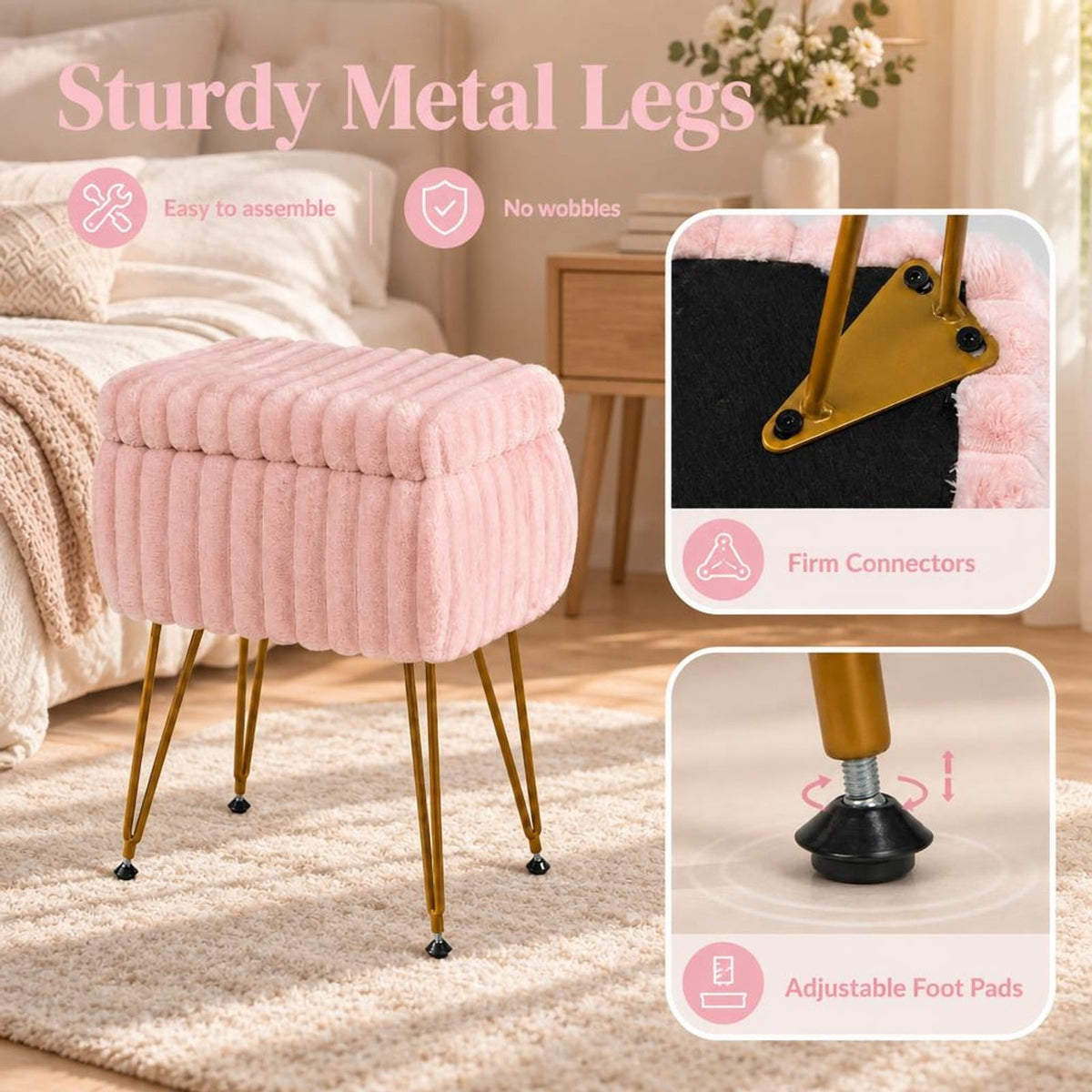 Airfind Vanity Stool with Storage and Reversible Lid Faux Fur Upholstered Ottoman, 16.5 x 13 x 22Lid Footprint, Pink