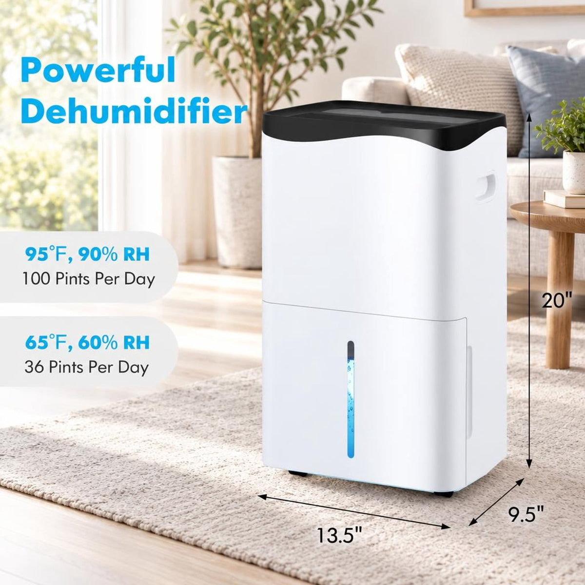 Airfind 100-Pint Dehumidifier with Smart App and Alexa Control for Home and Basements, ABS Frame, 15 x 10 x 25 Footprint, White