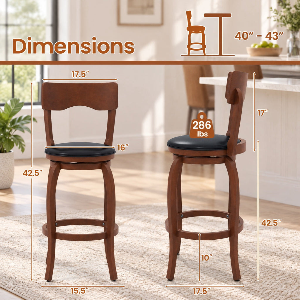 Airfind Swivel Bar Stools Set of 2 with Rubber Wood Frame and Upholstered Seat-29 Inch, 286 lbs Capacity, Rubber Wood Sponge PVC Frame, Wood