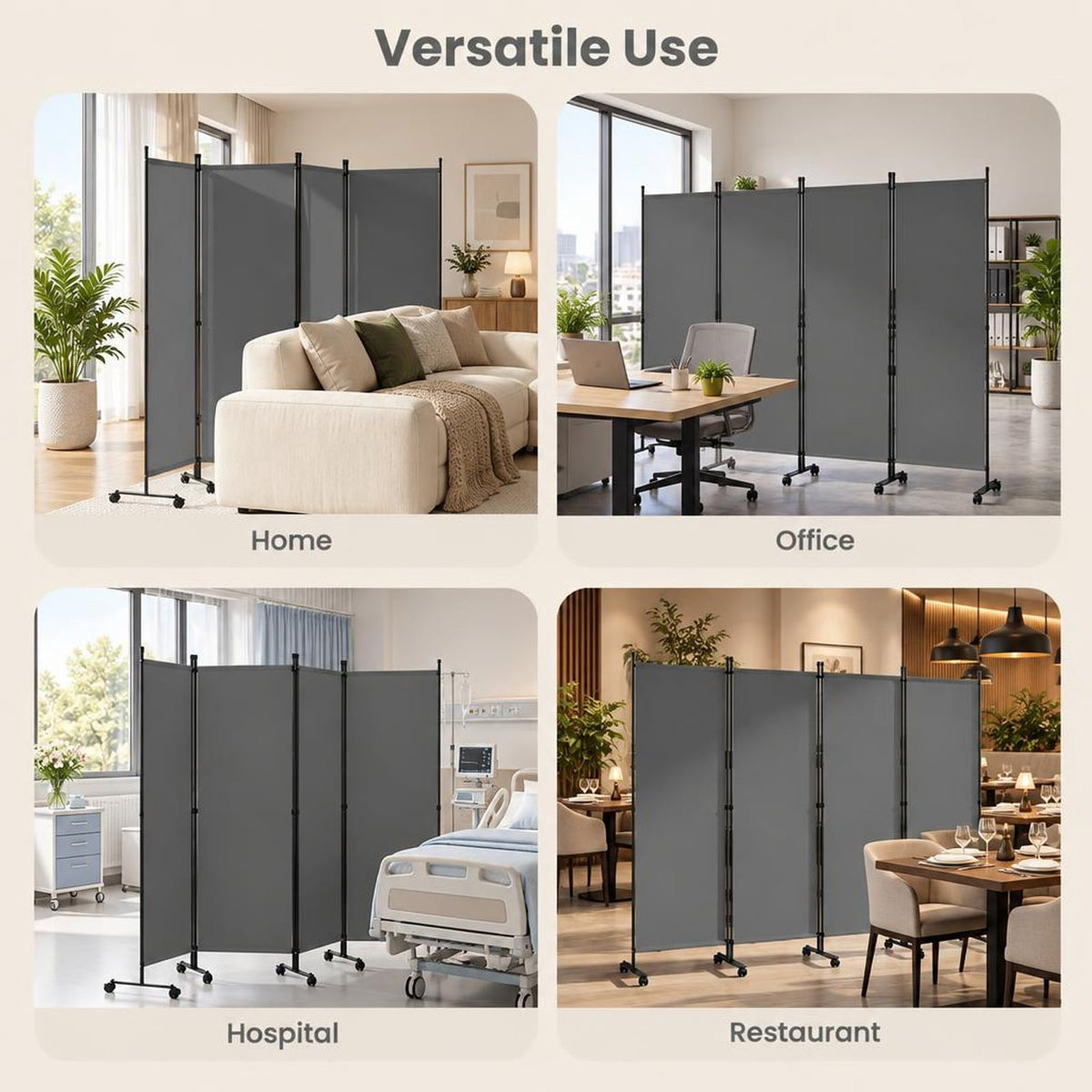 Airfind 4-Panel Room Divider with Lockable Wheels for Living Room, Polyester Fabric Metal Frame, 87in x 14in x 68in Footprint, Gray