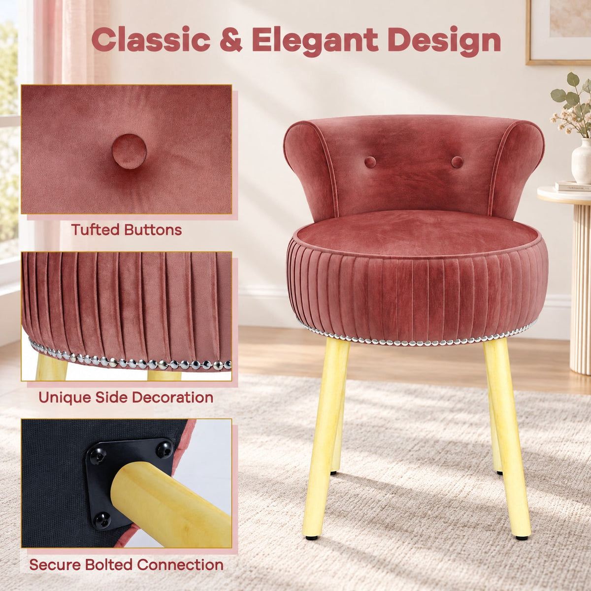 Airfind Velvet Vanity Chair with Back Upholstered Vanity Stool with Tufted Low Back and Solid Wood Legs, 234 lbs Capacity, Rubber Wood Frame, Pink