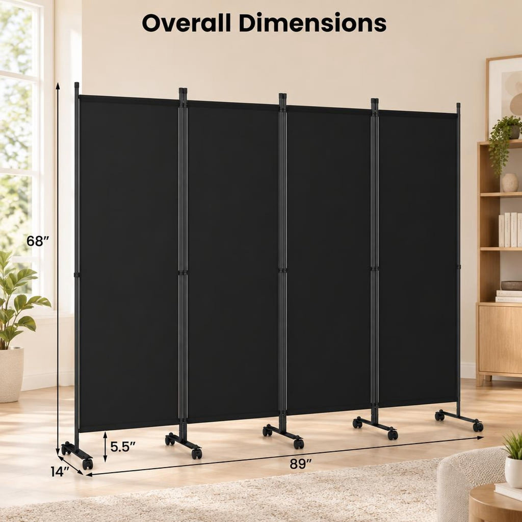 Airfind 4-Panel Room Divider with Lockable Wheels for Living Room, Polyester Fabric Metal Frame, 87in x 14in x 68in Footprint, Black