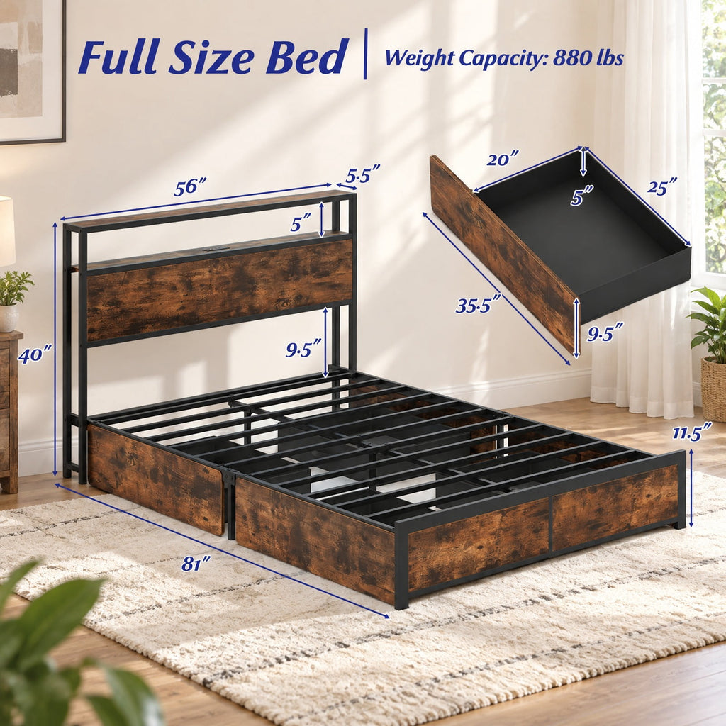 Airfind Full/Queen Size LED Bed Frame with Charging Station and 4 Storage Drawers, 81 Inch x 56 Inch x 40 Inch Inner Footprint