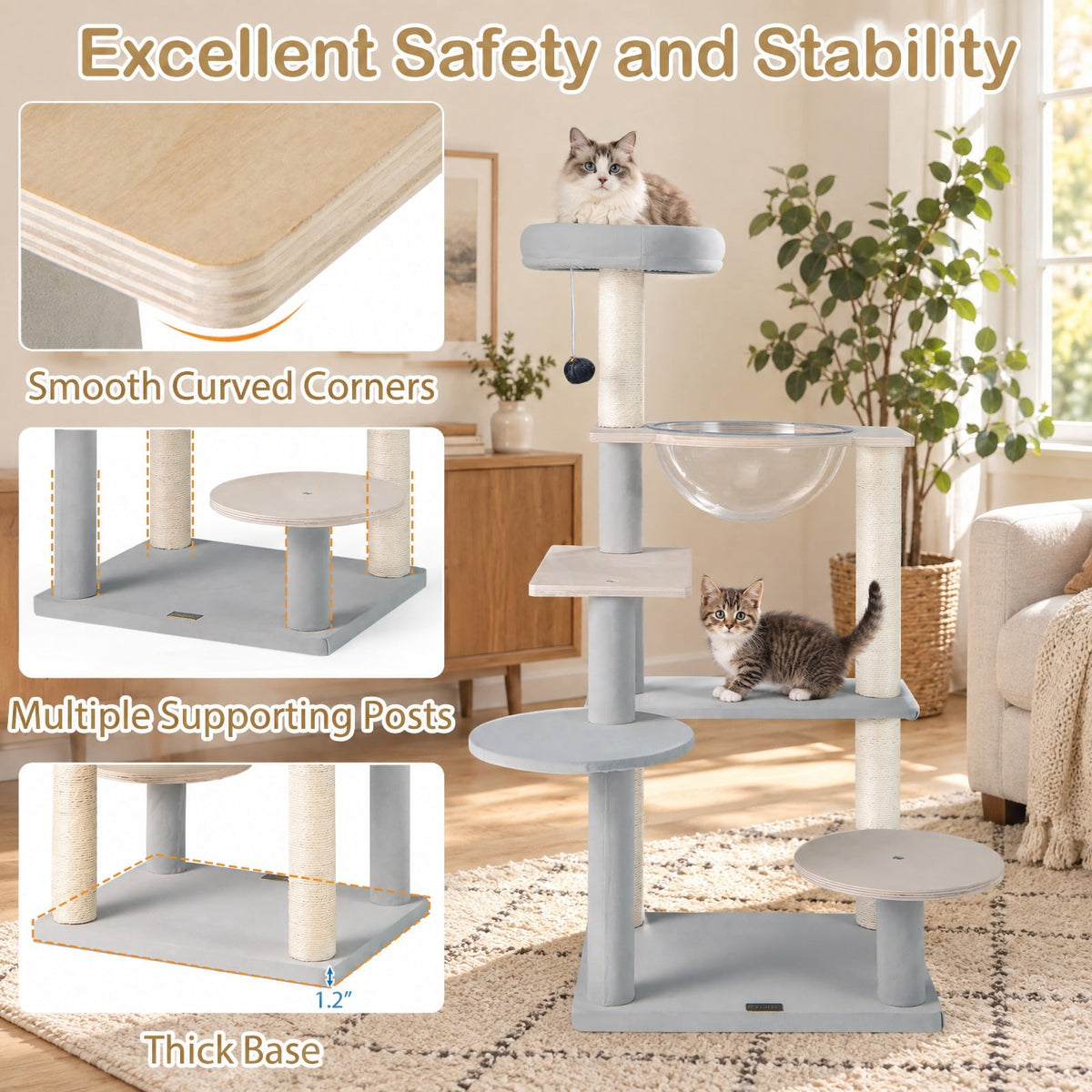 Airfind Modern Cat Tree 44 Inch Multi-level Cat Tower with Removable Padded Top Perch, 22 Lbs Capacity with Solid Plywood Sisal Engineered, Natural