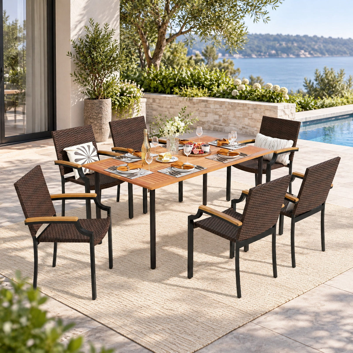 Airfind Stacking Wicker Chairs Set of 2 Patio Rattan Dining Chairs with Acacia Wood Armrests, 400 lbs Capacity, Metal PE Rattan Frame, Wood
