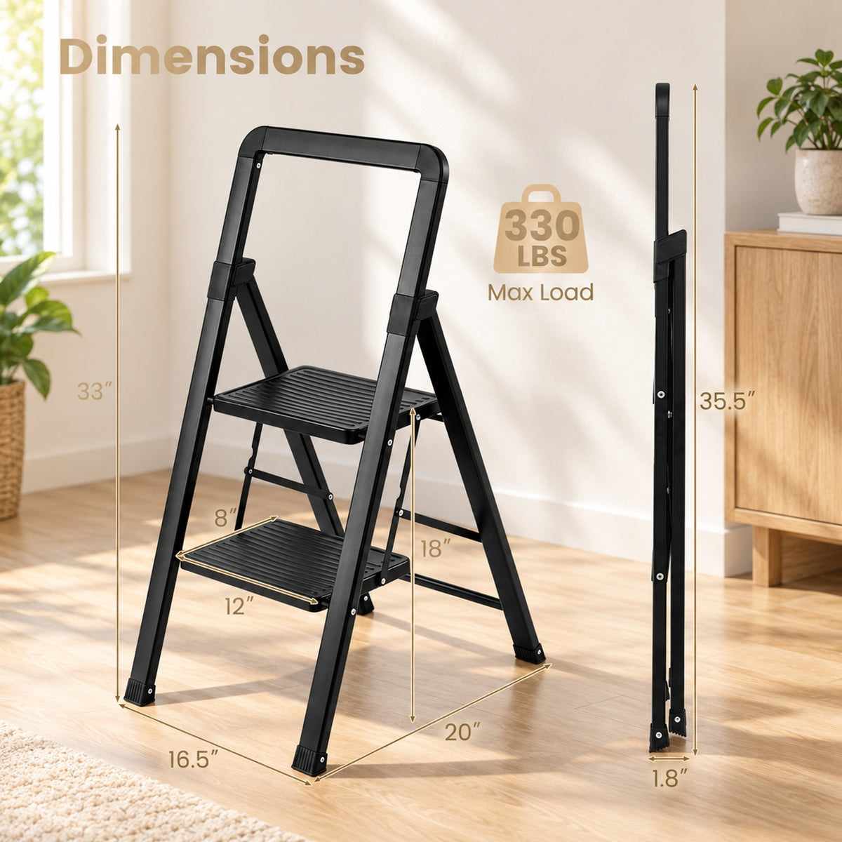 Airfind 2 Step Black Folding Step Stool with Wide Anti, 330 lbs Capacity, Metal PE Frame, Black, Overall Dimensions 2-Step 16.5 x 20 x