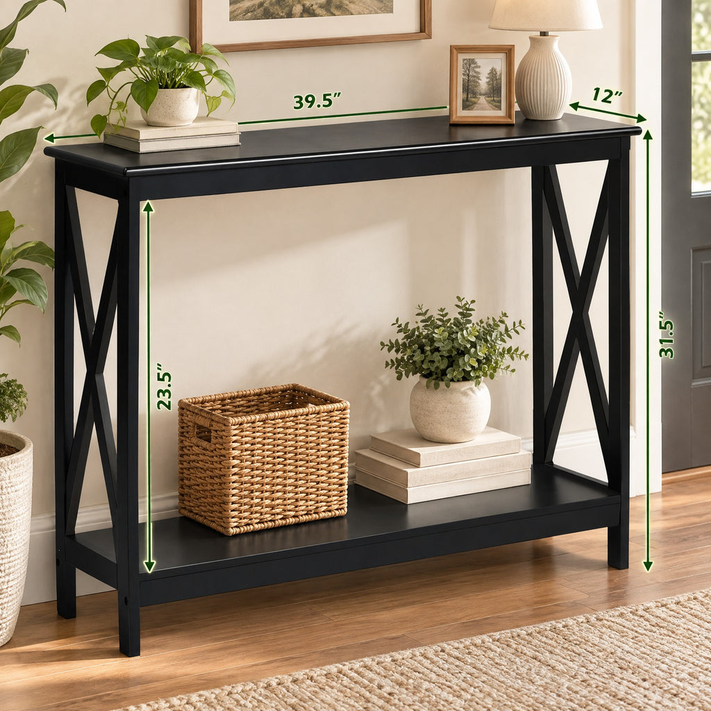 Airfind 2-Tier Console X-Design Sofa Side Accent Table, 66 lbs Capacity, P2 MDF Frame, 39.5 x 12 x 31.5 Footprint, Black