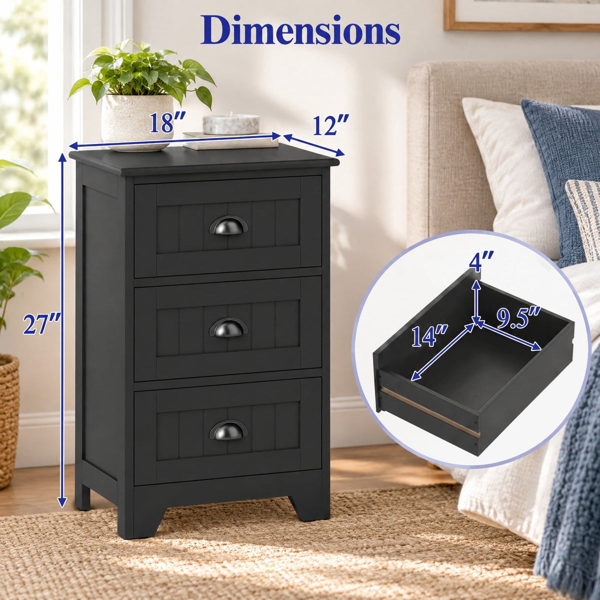 Airfind 3 Drawers End Storage Wood Side Nightstand, 88 lbs Capacity, P2 MDF Frame, 18 x 12 x 27 Footprint, Black