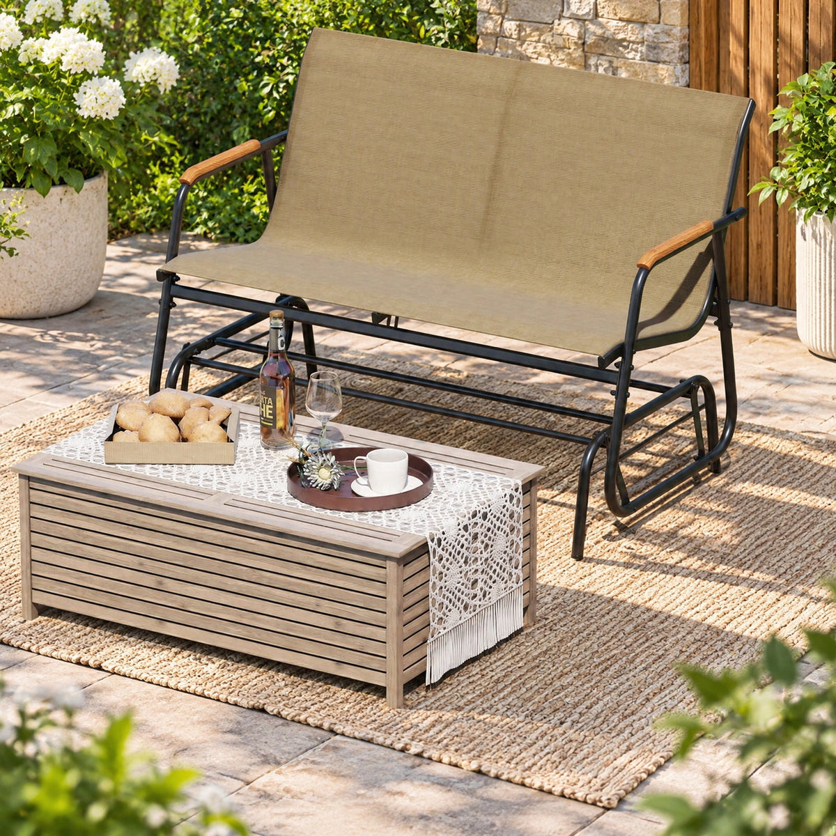Airfind Patio Glider Bench with Curved Teak Armrests and Breathable Fabric Seat for 2 People, 660 lbs Capacity, Metal Fabric Teak Wood Frame, Brown
