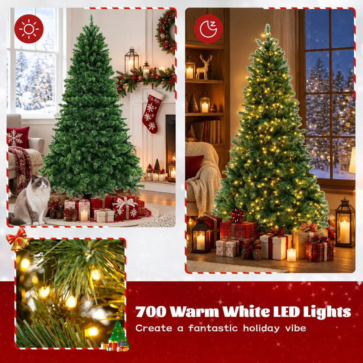 Airfind 6/7/8 Feet Hinged Christmas Tree with PVC Branch Tips Warm White LED Lights-7 ft, PVC Metal Frame, White