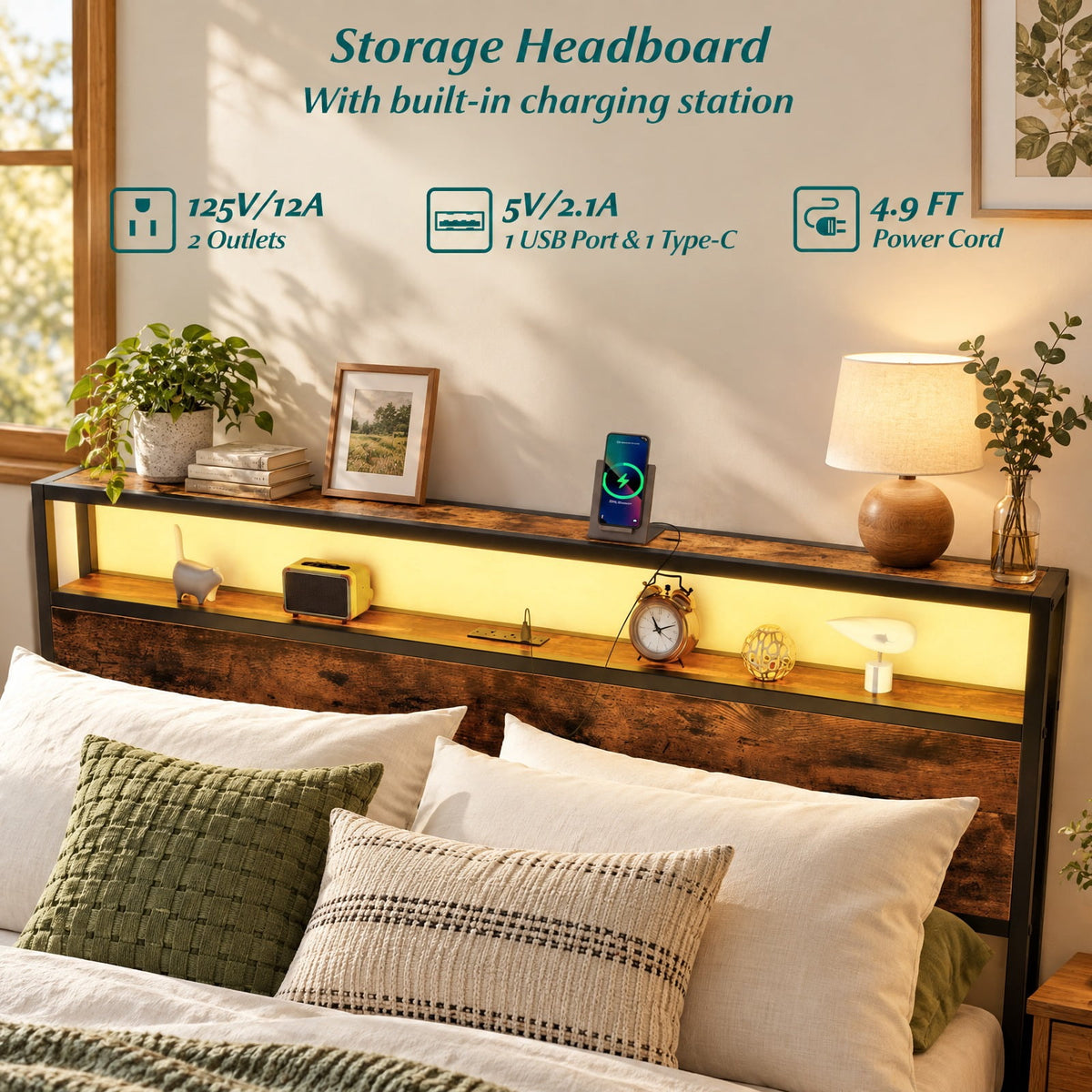 Airfind Full/Queen Size LED Bed Frame with Charging Station and 4 Storage Drawers, 81 Inch x 56 Inch x 40 Inch Inner Footprint