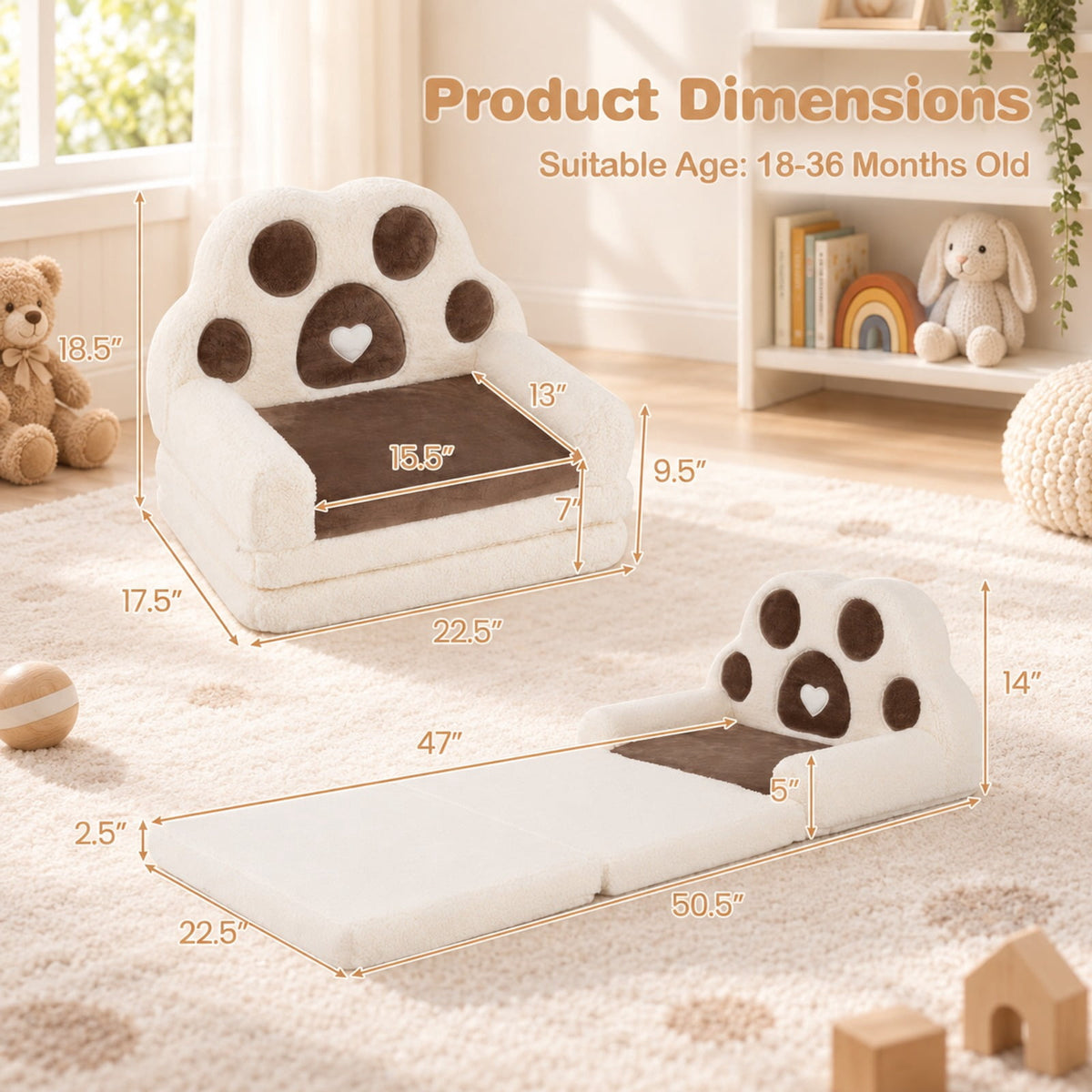 Airfind 2-in-1 Convertible Kids Sofa to Lounger with Removable Cover, Cotton Velvet Sponge Frame, for 18-36 Months Old, Brown