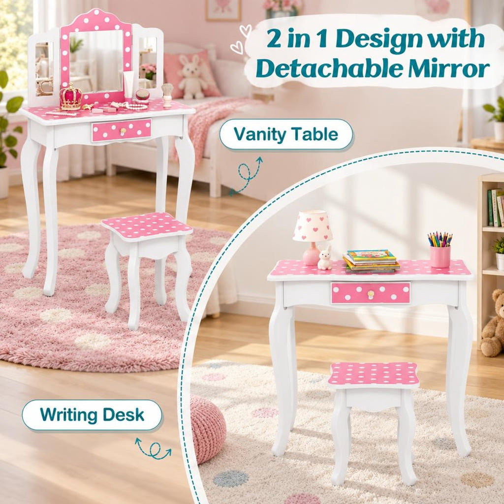 Airfind Princess Pretend Play Makeup Dressing Table with Cute Polka Dot Print, 66 lbs Capacity, MDF Acrylic Frame, for 3-7 Years Old, Pink