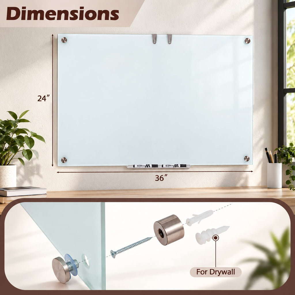 Airfind 36 x 24 Inches Glass Whiteboard with Eraser and Removable Tray, Tempered Glass Galvanized Metal Frame, 36 x 24 x 0.16 Footprint, White