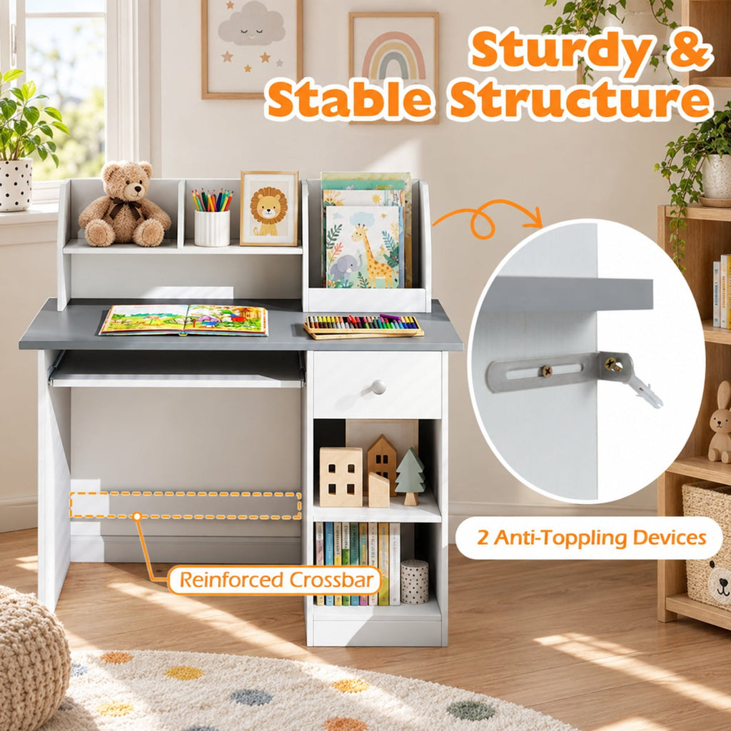 Airfind Kids Study Desk Children Writing Table with Hutch Drawer Shelves and Keyboard Tray, 200 lbs Capacity, Engineered Wood Frame, Grey