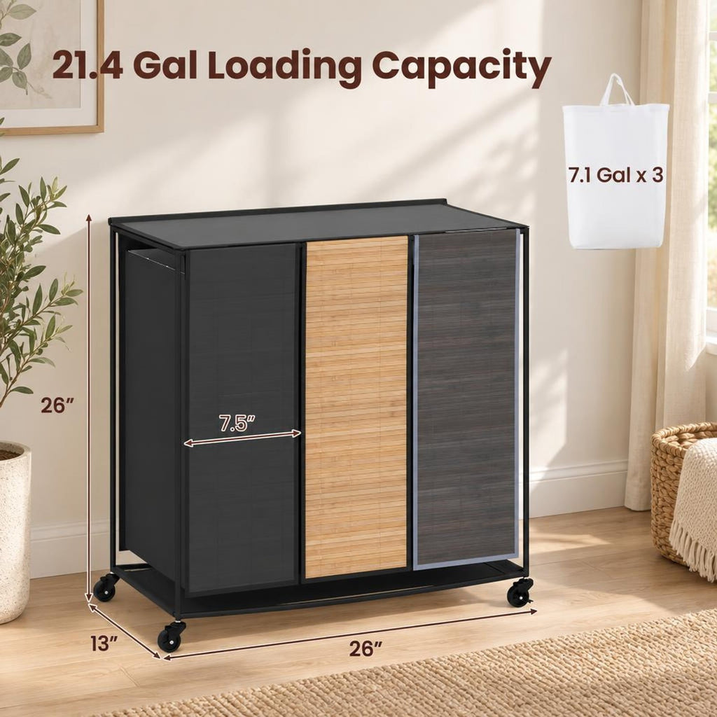 Airfind 21.4 Gal Laundry Hamper with Lid 3-Section with 2 Lockable Wheels, 11 lbs Capacity, Bamboo Metal Oxford Cloth Frame, Gray