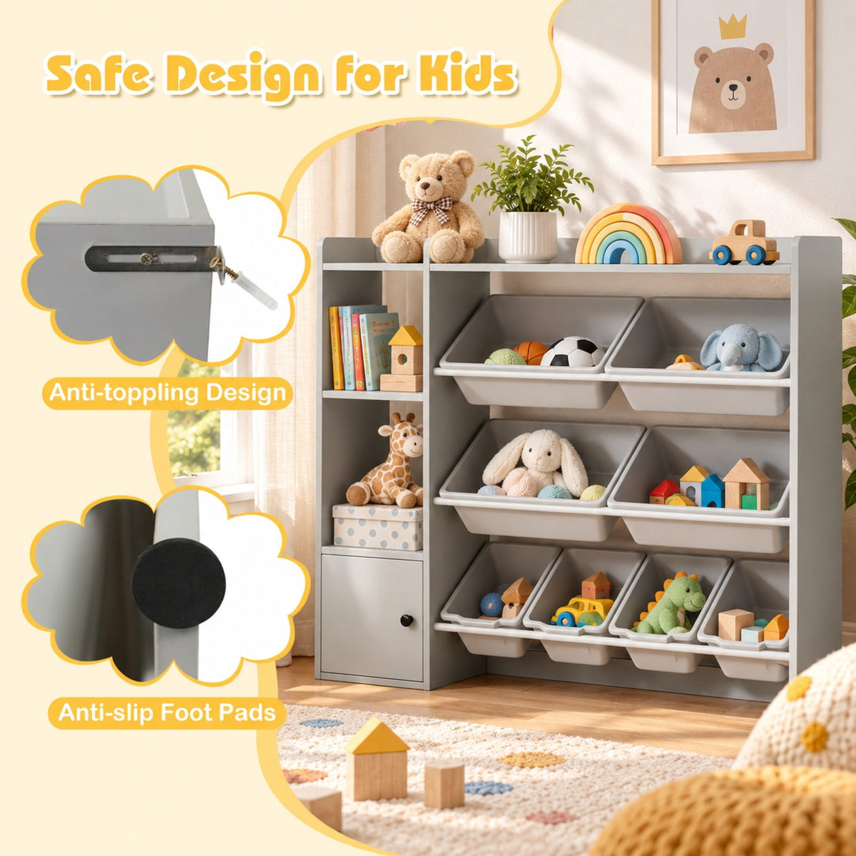 Airfind Kids Toy Storage and Bookshelf with Open Shelves and Single-door Cabinet, 220 lbs Capacity, Engineered Wood Frame, for 3+ Years Old Total