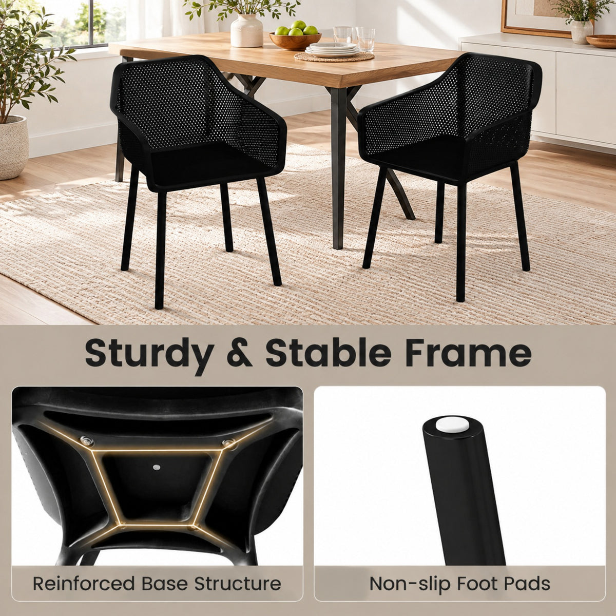 Airfind Modern Plastic Dining Chairs Set of 4 Kitchen Armchairs with Breathable Mesh Backrest, 330 lbs Capacity, PP Frame, Black