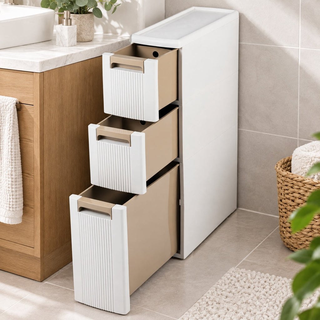 Airfind 3-Tier Narrow Storage Cabinet Slim Rolling Cart with 3 Drawers and 2 Removable Dividers, 11 lbs Capacity, PP Frame, 18 x 7 x 30 Footprint