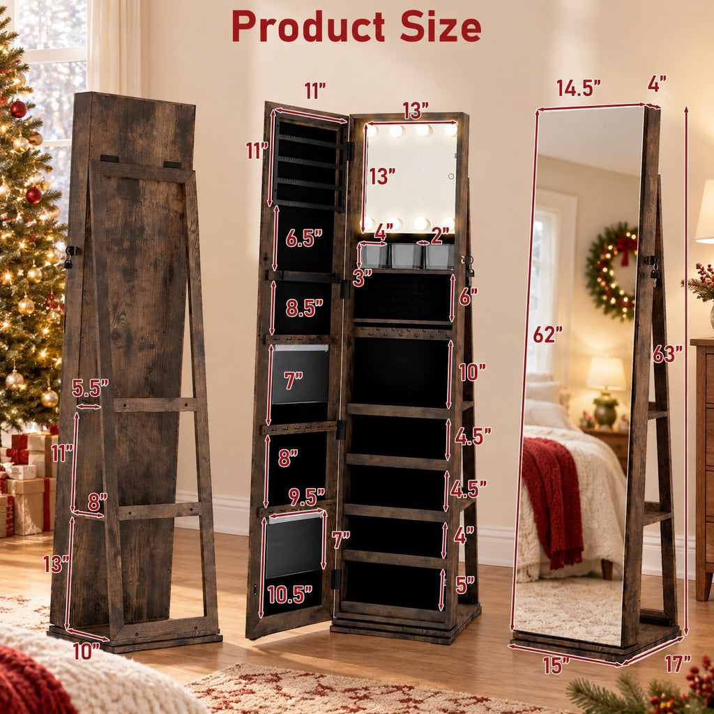 Airfind 360° Swivel Jewelry Cabinet with Full Length Mirror, MDF Frame, Brown, Open storage shelves for easy reach