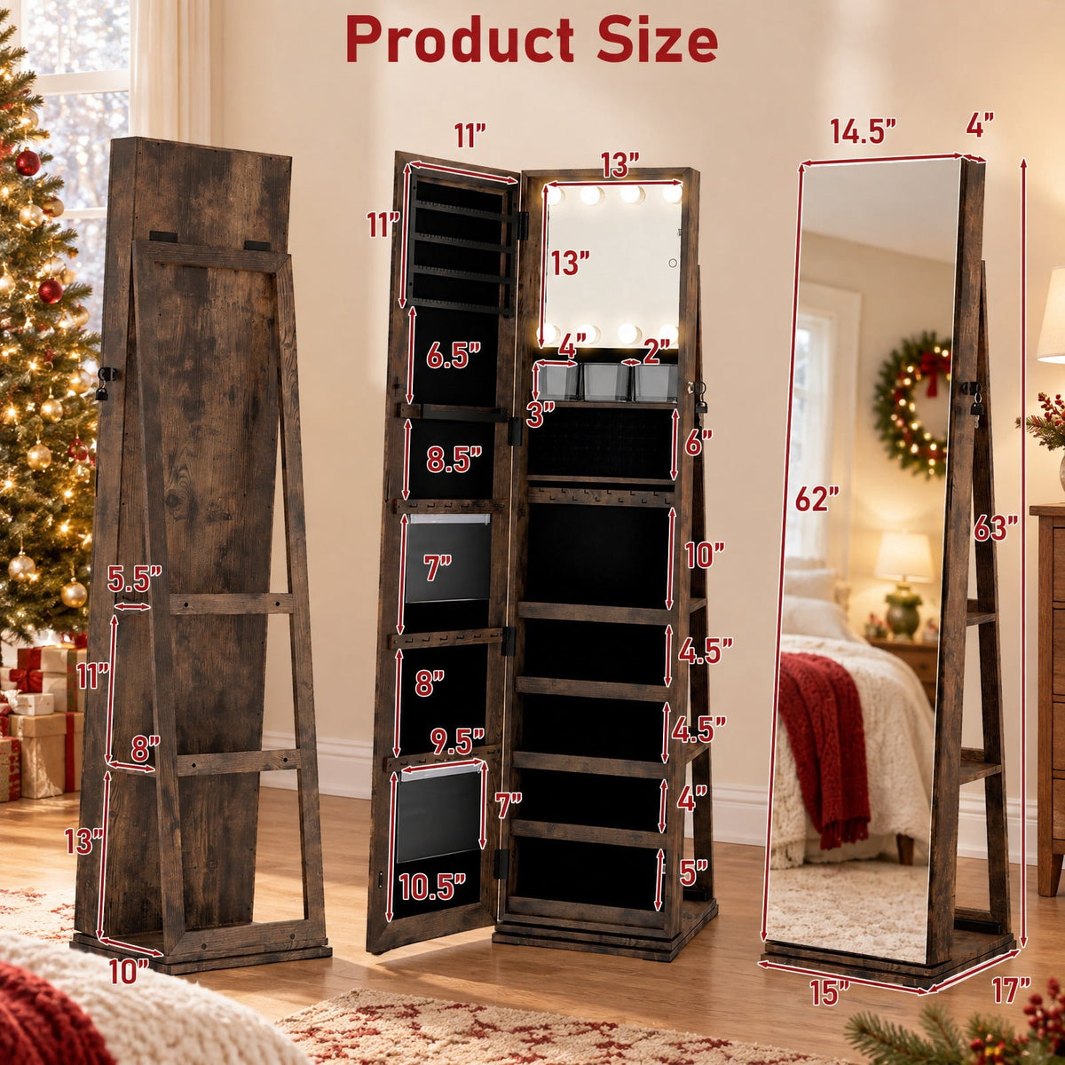Airfind 360° Swivel Jewelry Cabinet with Full Length Mirror, MDF Frame, Brown, Open storage shelves for easy reach