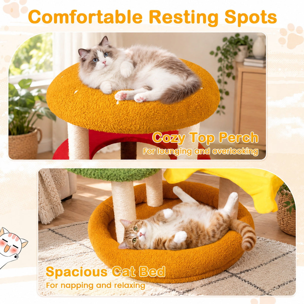 Airfind 42 Inch Tall Modern Cat Tree Multi-Level with Padded Perch and Cat Bed, 22 lbs Capacity, 24in x 42in (Dia. x H) Perch Footprint, Yellow