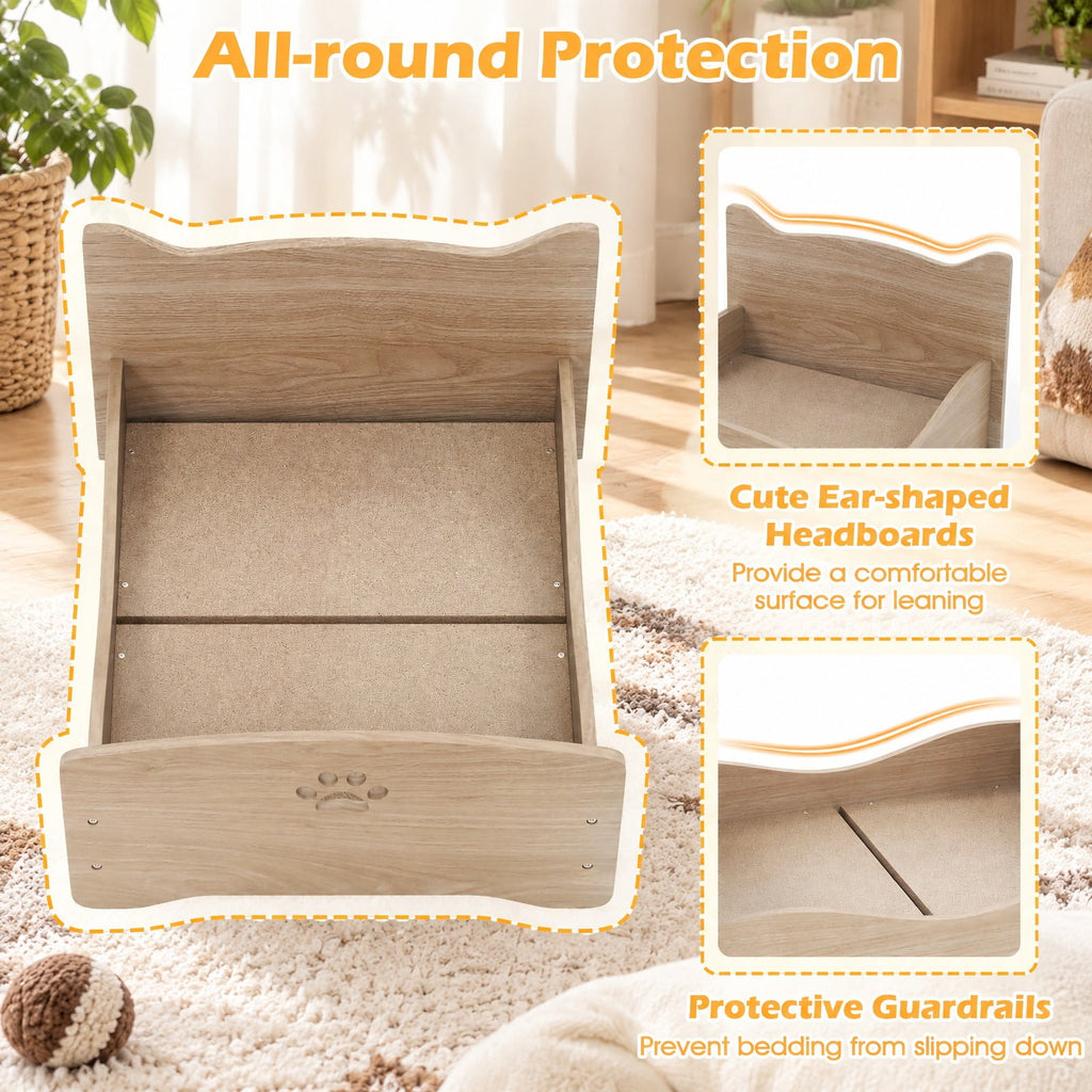 Airfind Elevated Pet Bed Frame with Rails and Cute Headboards, 44 lbs Capacity, MDF Particle Board Frame, 21 x 18 x 20 Suitable Footprint, Walnut