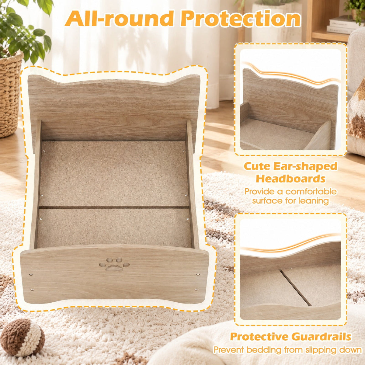Airfind Elevated Pet Bed Frame with Rails and Cute Headboards, 44 lbs Capacity, MDF Particle Board Frame, 21 x 18 x 20 Suitable Footprint, Walnut