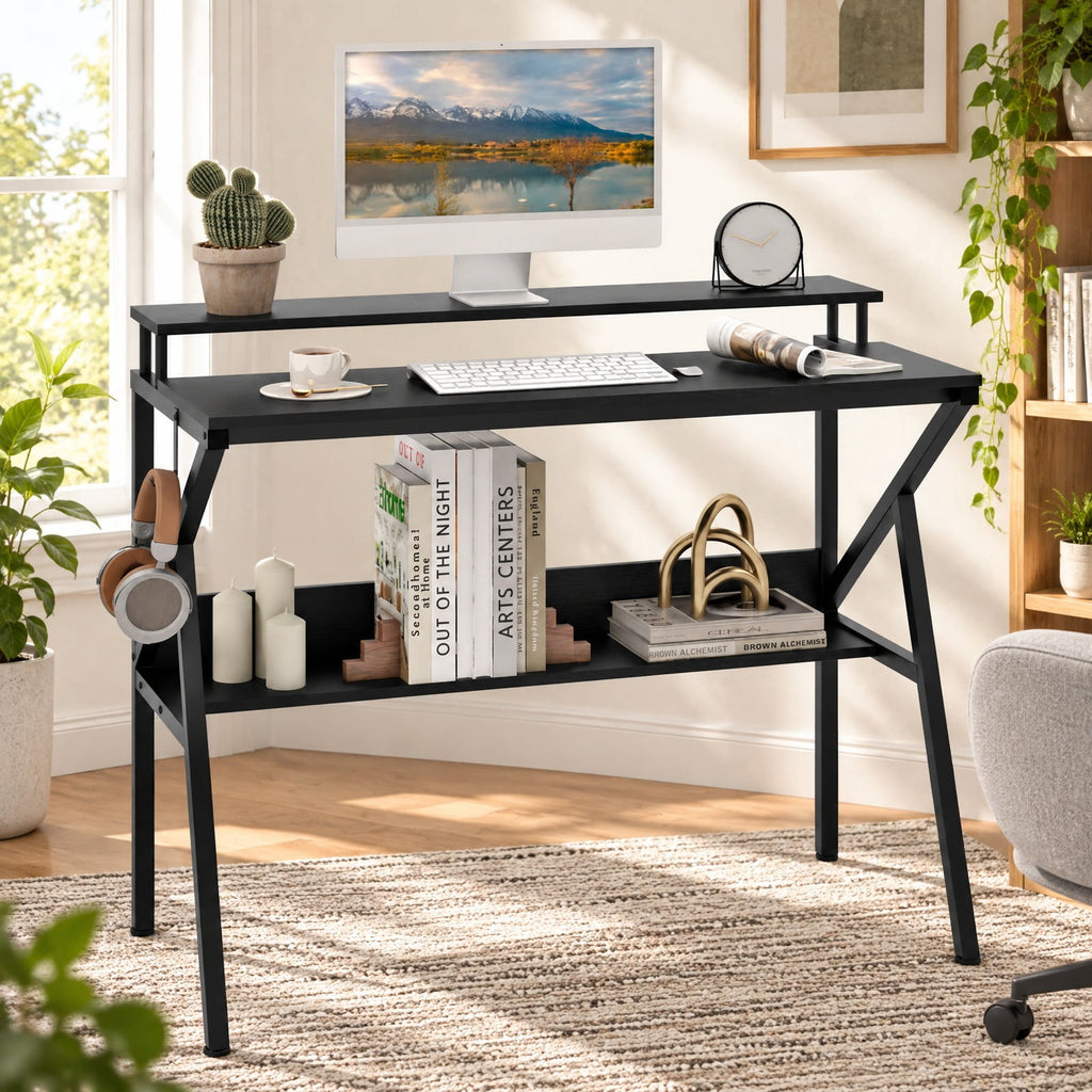 Airfind Space Saving Computer Desk with Monitor Stand and Extra Storage Shelf for Work Study, 200 lbs Capacity, Engineered Wood Metal Frame, Black
